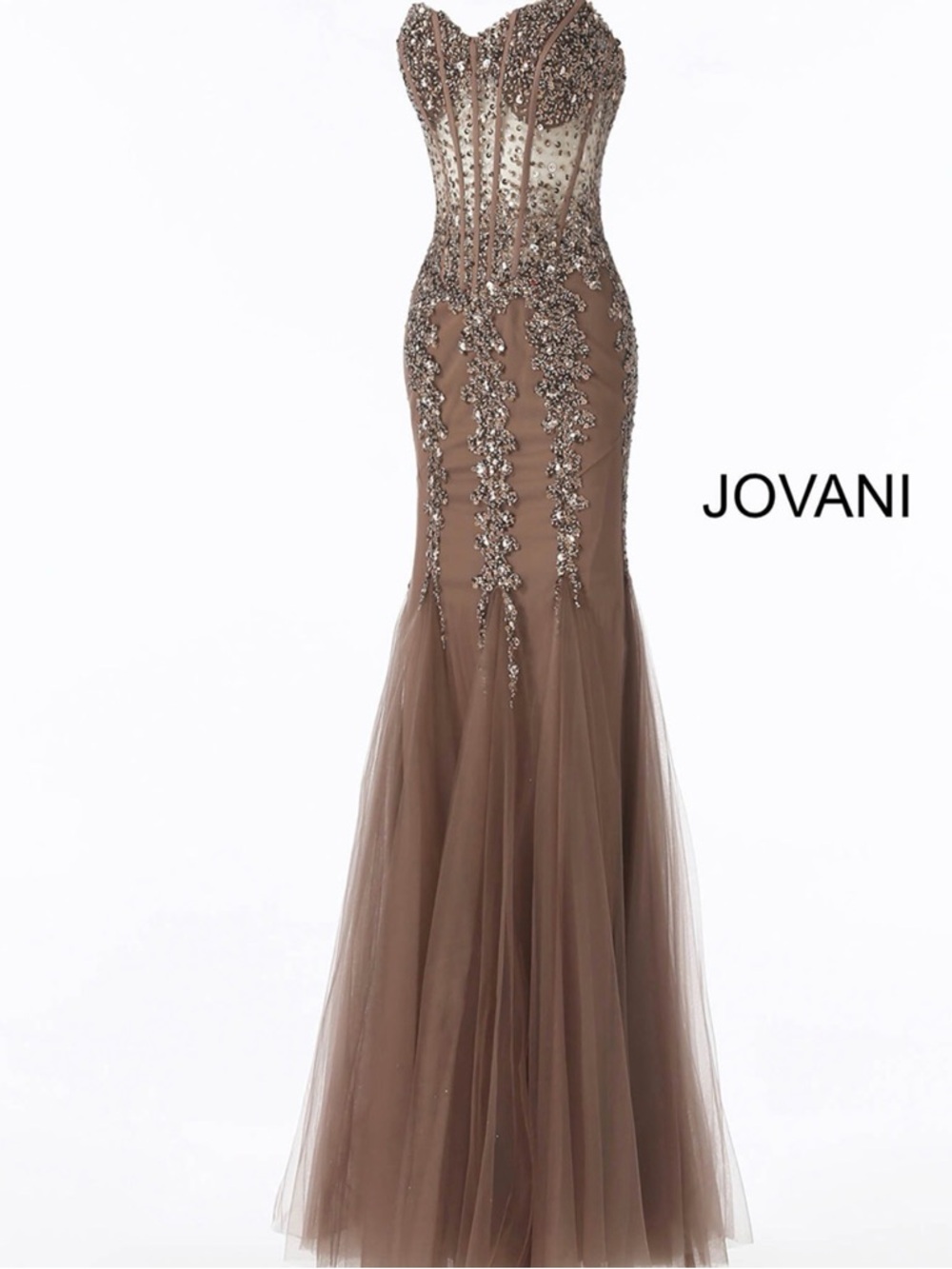 Jovani Taupe Strapless Embellished Tulle Mermaid Gown